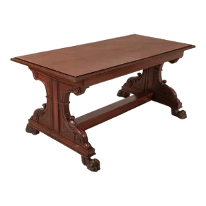 Antique Italian Carved Walnut Renaissance Revival Library Serving Table, 1870