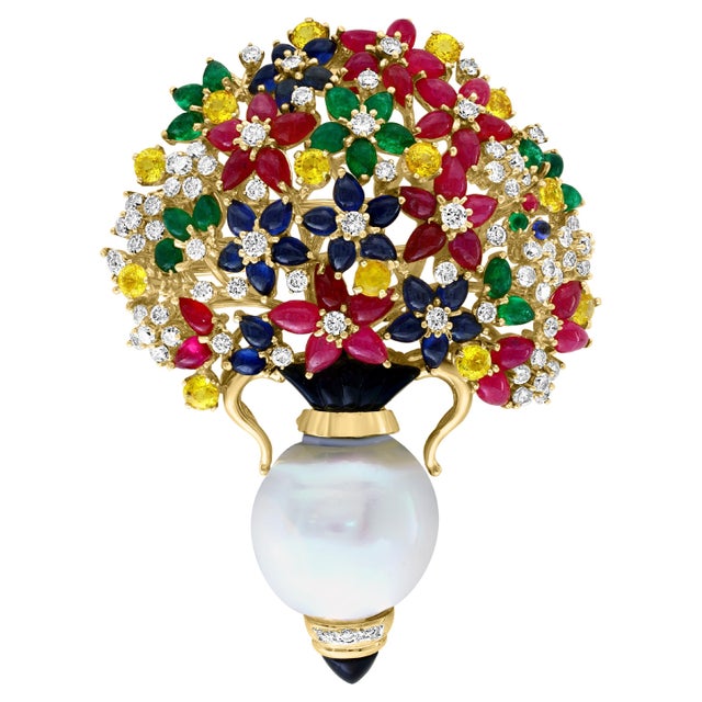 Estate Ruby Sapphire Emerald Diamond & Pearl 18 K Gold Flower Basket Brooch/ pin For Sale - Image 15 of 18