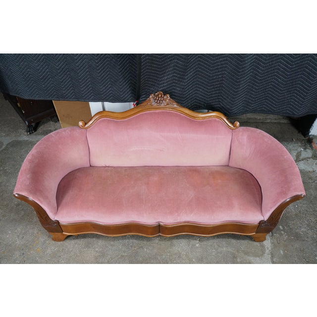 Antique Victorian American Empire Serpentine Walnut Pink Camelback Sofa Loveseat For Sale - Image 9 of 15