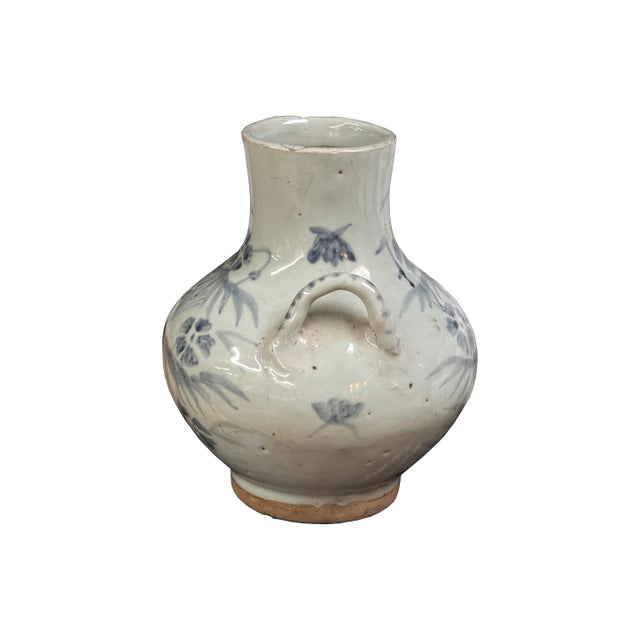 Vintage Fade Gray White Pale Blue Floral Graphic Ceramic Vase For Sale In San Francisco - Image 6 of 11