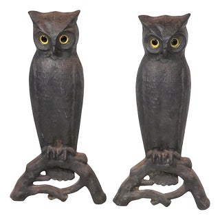 Large Pair of Vintage Arts and Crafts Rustic Victorian Owl Andirons With Glass Eyes For Sale