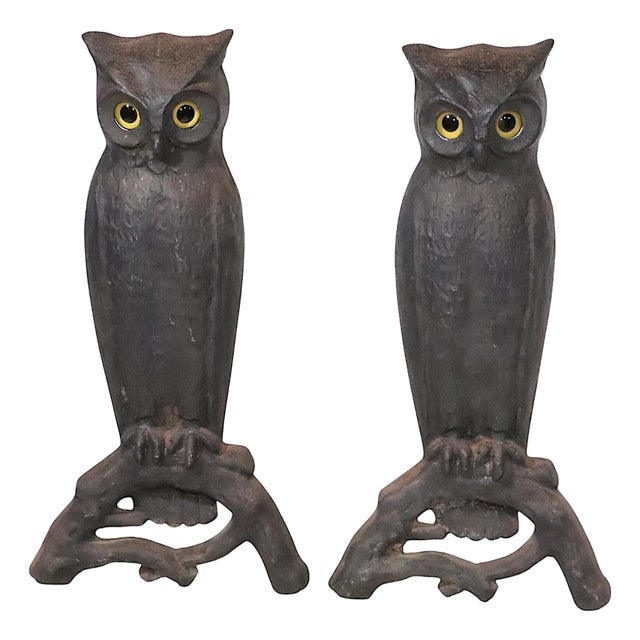 Large Pair of Vintage Arts and Crafts Rustic Victorian Owl Andirons With Glass Eyes For Sale