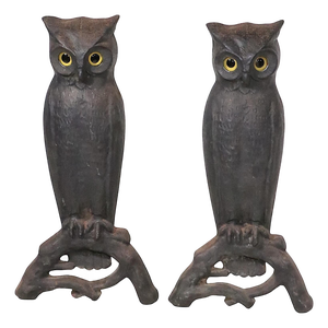 Large Pair of Vintage Arts and Crafts Rustic Victorian Owl Andirons With Glass Eyes