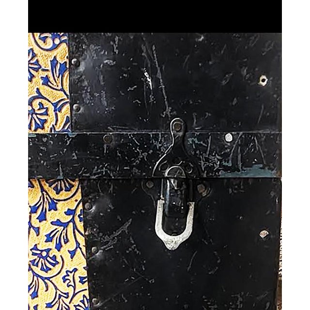 Late 19th Century Victorian Dome-Top Steamer Trunk - Blue & Gold Floral Embossed Tin For Sale - Image 9 of 11