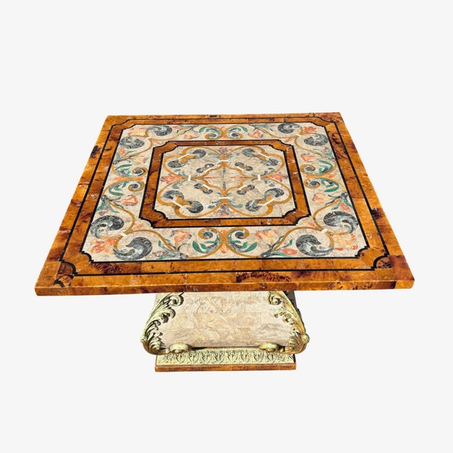 Ivory Italian Marble Pietra Dura Inlaid Side Table W Gilt Base For Sale - Image 8 of 12