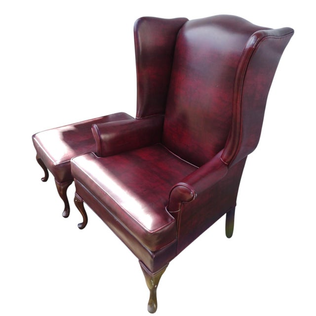 Traditional Vintage English Georgian-Style Wingback Oxblood Upholstery Lounge Chair & Matching Ottoman For Sale - Image 3 of 10