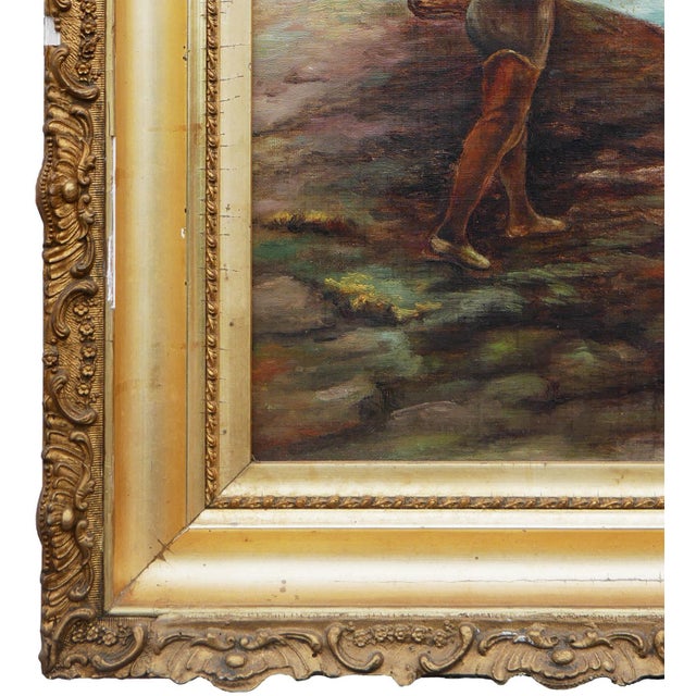 Blue Naturalistic Pastoral Figurative Farm Painting of a Man Sowing Seeds in a Field, Late 19th Century For Sale - Image 8 of 12