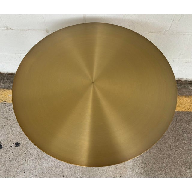 Original retail $1155, stylish Revelation Modern White and Satin Brass Ghost Accent Table, showroom floor sample