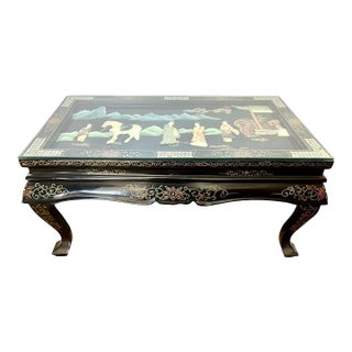 Mid 20th Century Chinoiserie Black Lacquer Coffee Table With Carved Hard Stone Art For Sale
