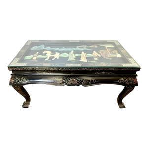 Mid 20th Century Chinoiserie Black Lacquer Coffee Table With Carved Hard Stone Art
