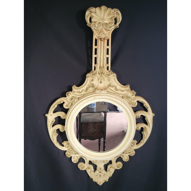 1960 Italian Art Nouveau Style Hand Carved Hand Painted Gilded Round Mirror For Sale - Image 4 of 18