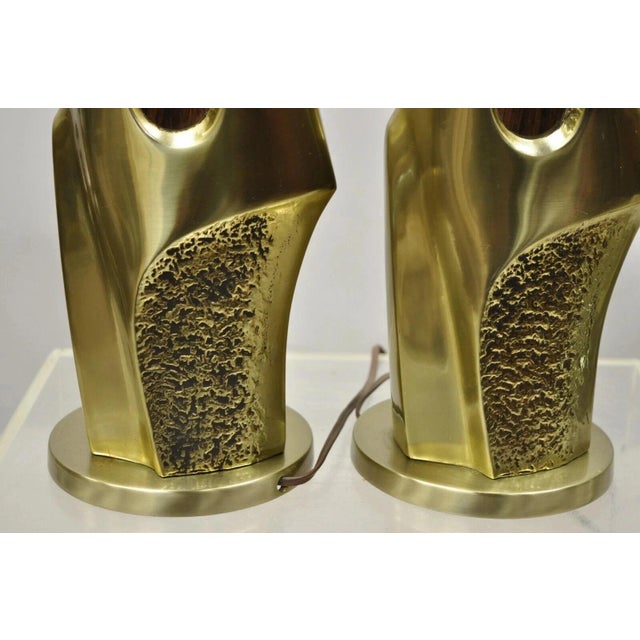 Metal Laurel Mid Century Brutalist Modernist Brass Sculptural Table Lamps - A Pair For Sale - Image 7 of 12