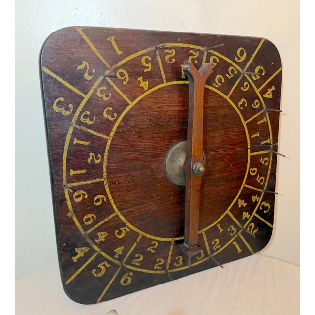 Rare Antique Hand Made Painted Wood Brass Carnival Gambling Number Wheel Game For Sale In New York - Image 6 of 12