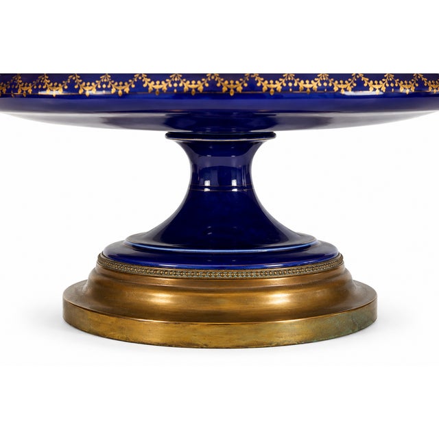 Victorian Dresden Style Vintage Cobalt Blue Porcelain Tray Table Lamp With Hand-Painted Fruit & Brass Accents For Sale - Image 3 of 6