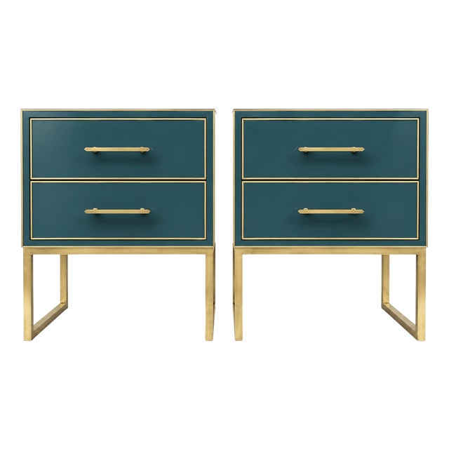Petrol Teal Murano Glass Bedside Tables with Polished Brass from Justfurnituress SRL, Set of 2 For Sale