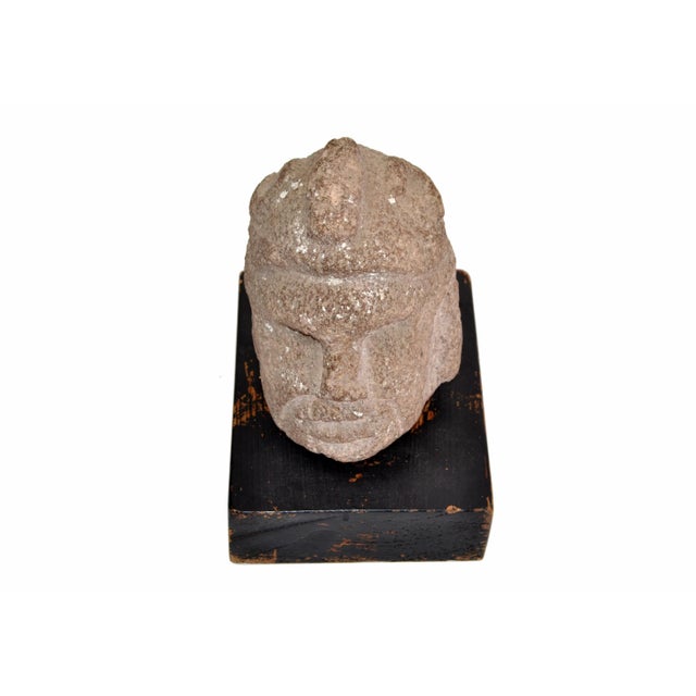 Vintage Hand Sculpted Stone Head Sculpture on Formfit Hand Carved Wooden Base For Sale - Image 10 of 11