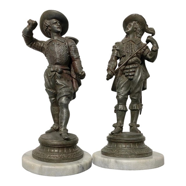 Antique Spelter French Cavaliers on Marble Bases - Set of 2 For Sale