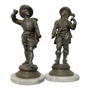 Antique Spelter French Cavaliers on Marble Bases - Set of 2
