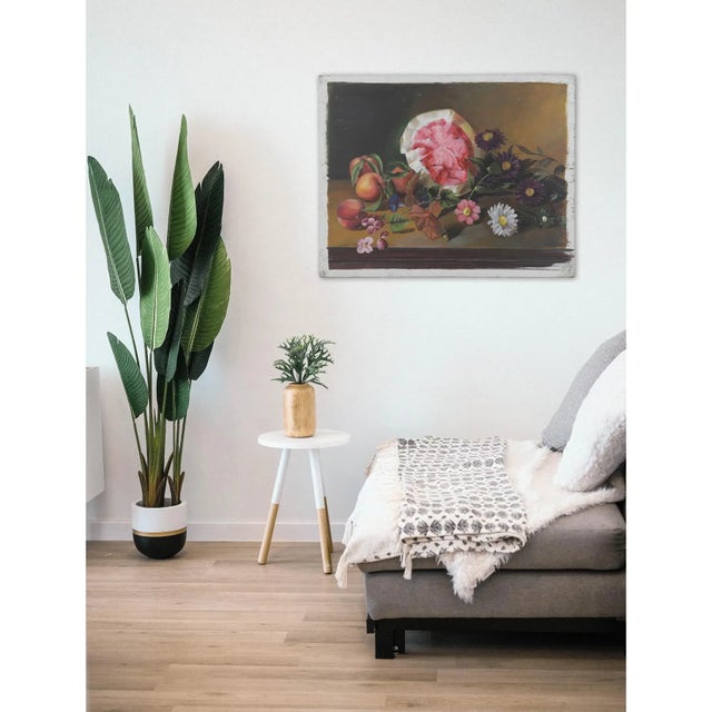 Chocolate Vintage Still Life Oil Painting on Wood Panel Watermelon Peaches and Summer Florals For Sale - Image 8 of 8