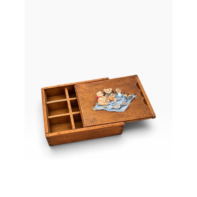 Vintage Wooden Tea Box With Teddy Bear Picnic Scene | Divided Storage Box For Sale - Image 4 of 6