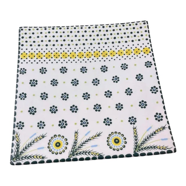 Vintage Handmade South African Square Ceramic Platter – Folk Art Floral and Dotted Motif For Sale