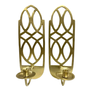 Vintage Hollywood Regency Brass Geometric Wall Sconces – Pierced Brass Candle Holders (Pair)