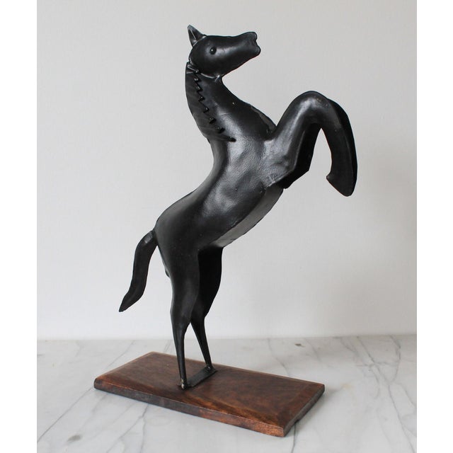 Folk Art Folk Art Cast Metal Painted Black Rearing Horse on Wood Base For Sale - Image 3 of 10