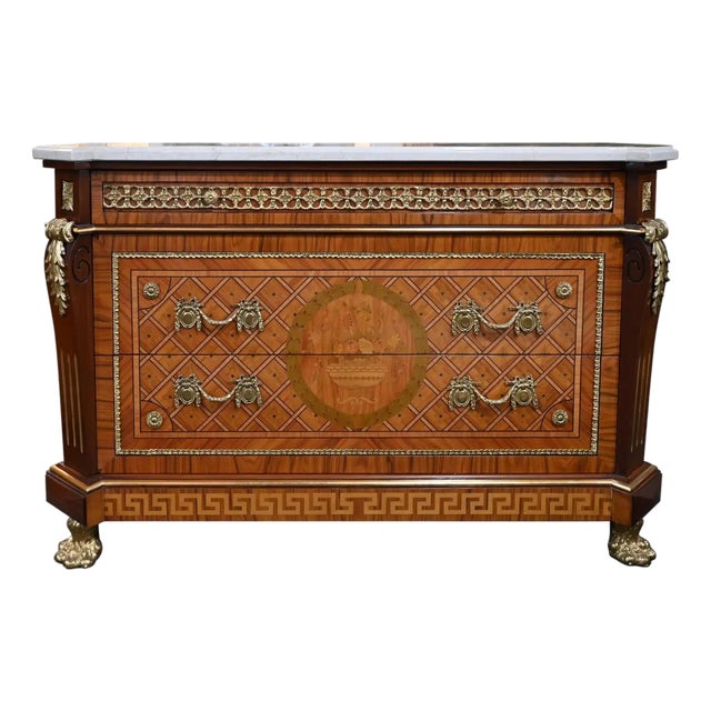 Louis XVI Style Ormolu Mounted Commode With Italian White Marble Top For Sale