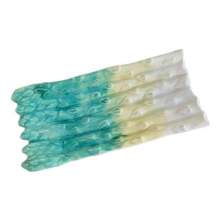 Vintage French Country Majolica Asparagus Dish in Turquoise and Cream For Sale