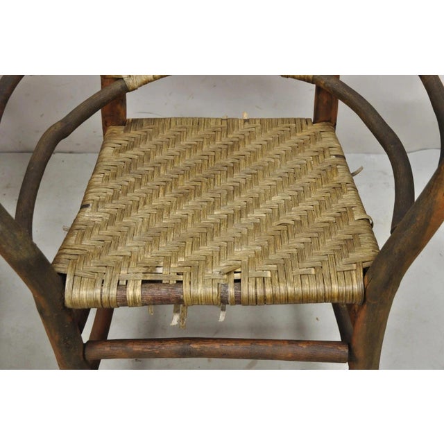 Mid 20th Century Adirondack Old Hickory Style Tree Branch Wood Frame Rattan Lounge Chairs a Pair For Sale - Image 11 of 12