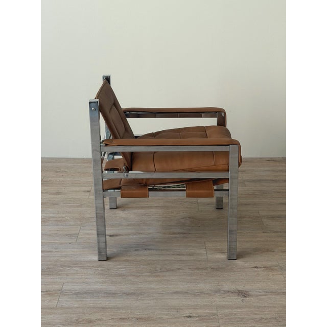 Mid-Century Modern 1970s Safari Style Chrome Armchair in Caramel Leather For Sale - Image 3 of 12