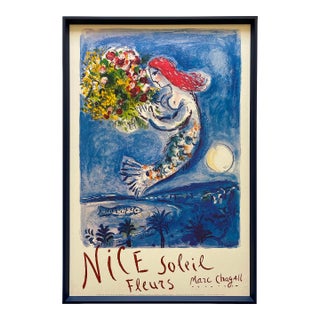 Marc Chagall Vintage 1962 " Nice, Soleil Fleurs " Mourlot Fine Art Lithograph Print Large Framed Landmark French Travel Poster For Sale