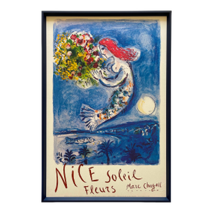 Marc Chagall Vintage 1962 " Nice, Soleil Fleurs " Mourlot Fine Art Lithograph Print Large Framed Landmark French Travel Poster