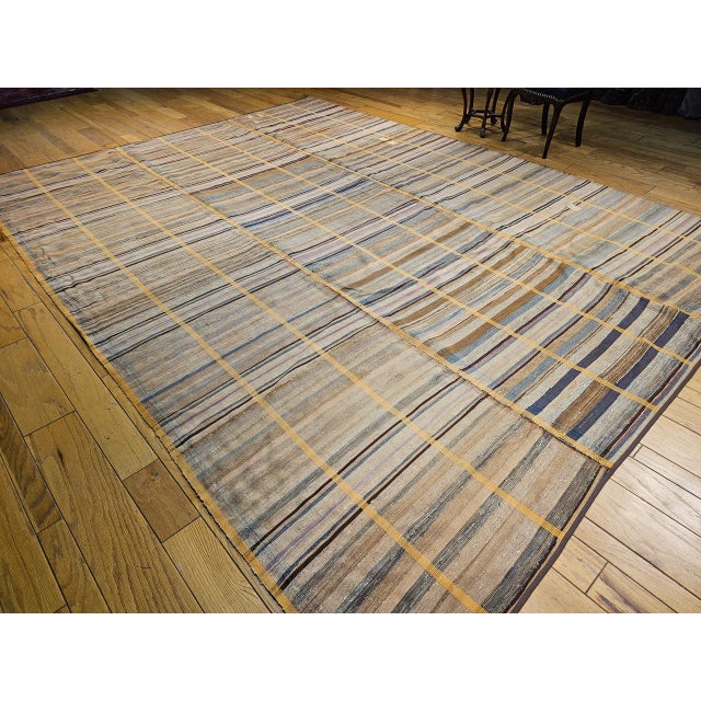 Late 19th Century 19th Century American Amish Rag Rug, Handwoven Folk Art, Stripe Pattern, Tan & Pale Blue, 10’ X 14’ For Sale - Image 5 of 12