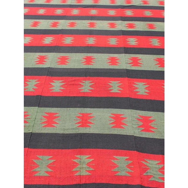 Large Vintage Kilim Rug With Tribal Shapes and Stripes in Red, Brown and Green For Sale - Image 9 of 13