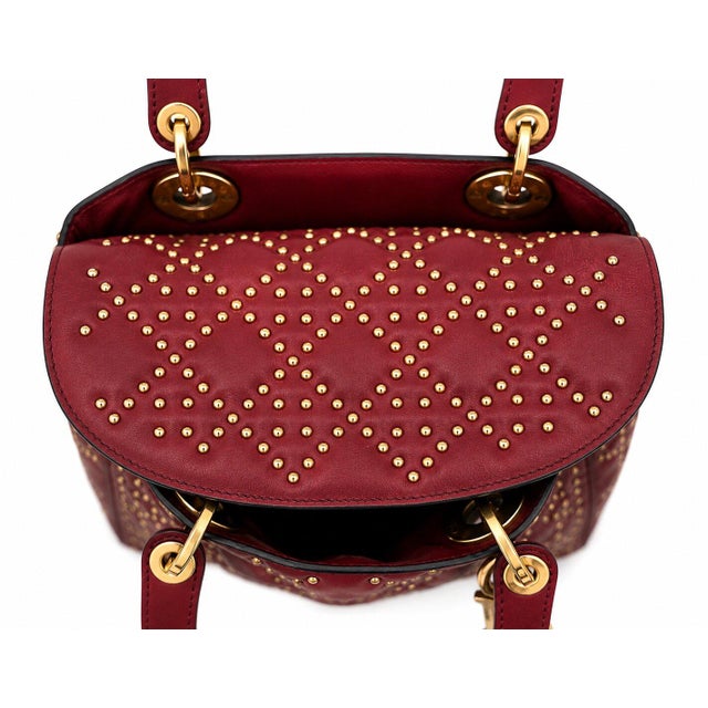 Christian Dior Christian Dior Medium Lady Dior Cannage Studded Burgundy Leather Bag With Strap For Sale - Image 4 of 12