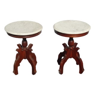 Pair of Antique White Marble Top Mahogany Parlor Round Brown Side Tables Italy For Sale