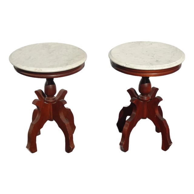 Pair of Antique White Marble Top Mahogany Parlor Round Brown Side Tables Italy For Sale