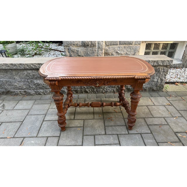 Renaissance Revival Oak Writing Desk With Tooled Leather Top, Late 19th–Early 20th Century For Sale - Image 4 of 16