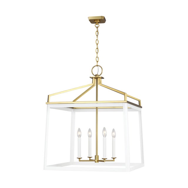 The Carlow four-light single-tier chandelier in matte is a traditional tapered square lantern that is wider at the base...
