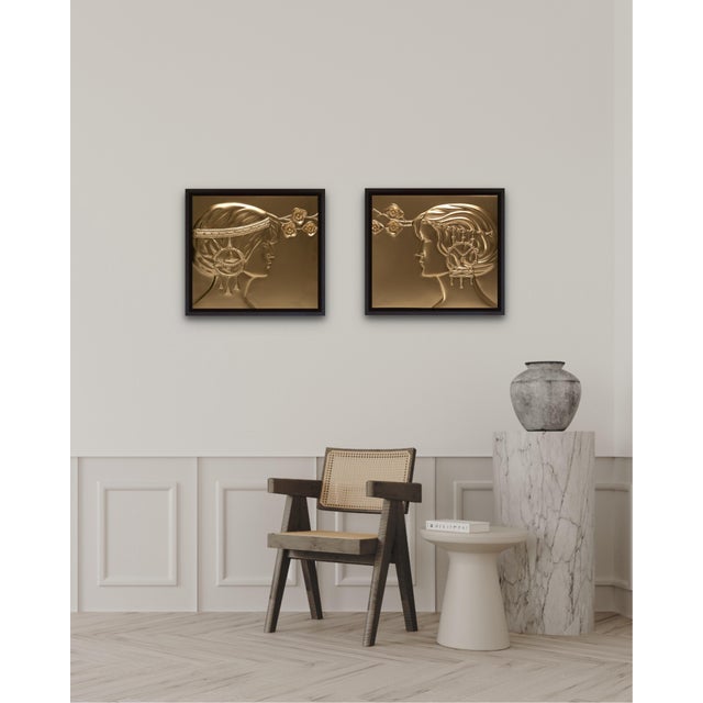 Early 21st Century Pair of Secessionist Reliefs Made After Georg Klimt, Sculptural Golden Bas Relief With Female Profiles, Wall Object For Sale - Image 5 of 18