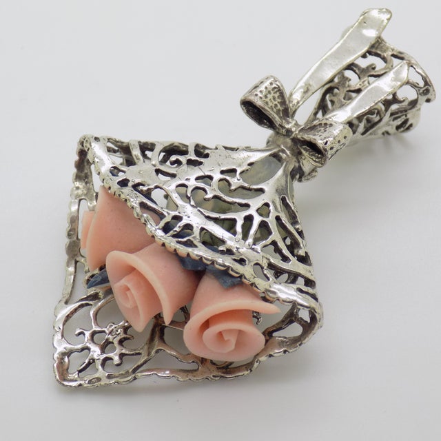Vintage Italian Handmade Genuine Silver Flower Bouquet Pink Rose Flowers Dollhouse Miniature For Sale - Image 4 of 10