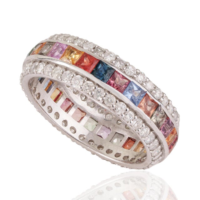 Art Deco 2.53 Ct Geometric Multi Sapphire & Diamond Three Row Eternity Band Ring, Size 7 For Sale - Image 3 of 14