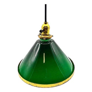 1920s Deco Banker/Poker Ceiling Light W/ 11" Brass Rim Green Glass Shade, 5 Available For Sale