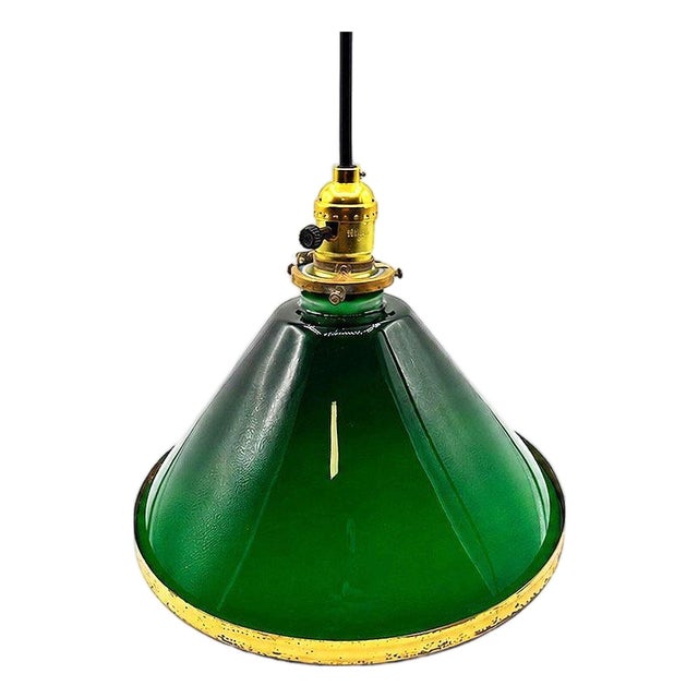 1920s Deco Banker/Poker Ceiling Light W/ 11" Brass Rim Green Glass Shade, 5 Available For Sale