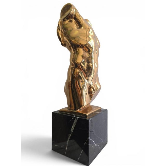 Italian Artist, Gilt Bronze Male Torso on Black Marble Base, 1950s, Bronze For Sale - Image 6 of 13