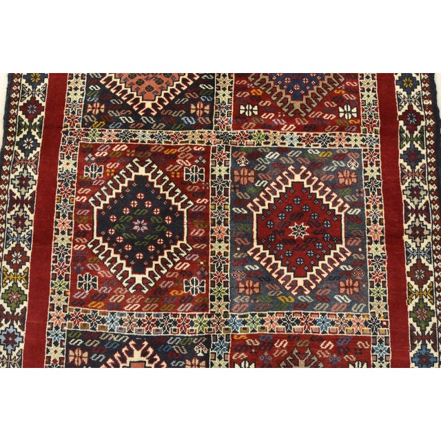 1990s Yalameh Rug 3'5'' X 4'11'' Red Wool Vintage Tribal Hand-Knotted Oriental Carpet For Sale - Image 5 of 12