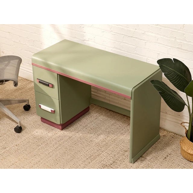 Early 20th Century Vintage Mint Green Writing Desk With Wood-Tone Details For Sale - Image 5 of 12