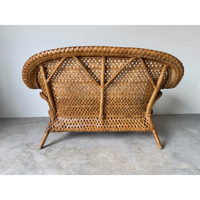 Vintage Coastal Rattan & Wicker Loveseat With Original Cushions For Sale - Image 10 of 12