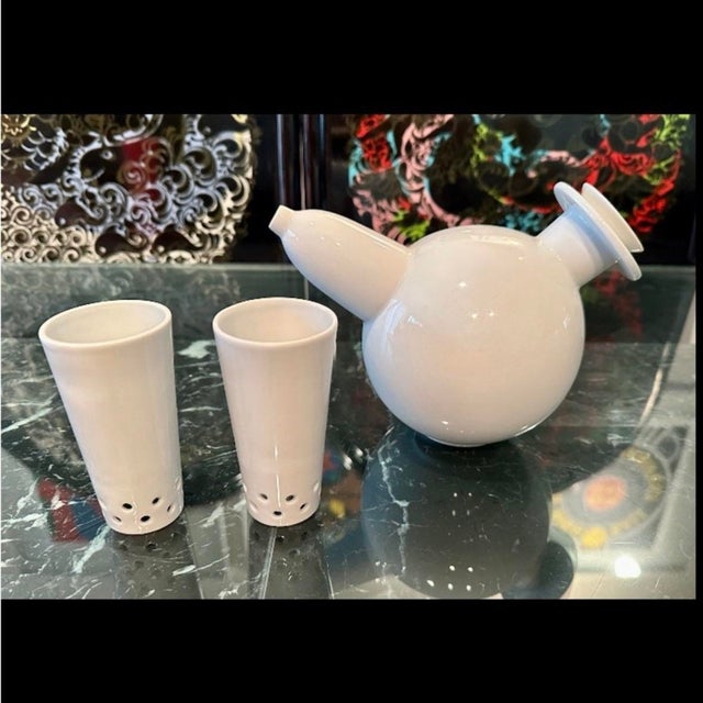 Contemporary Vintage 1990s Arzenal Mod White Porcelain Teapot Infuser Two Pierced Cups Unused For Sale - Image 3 of 10